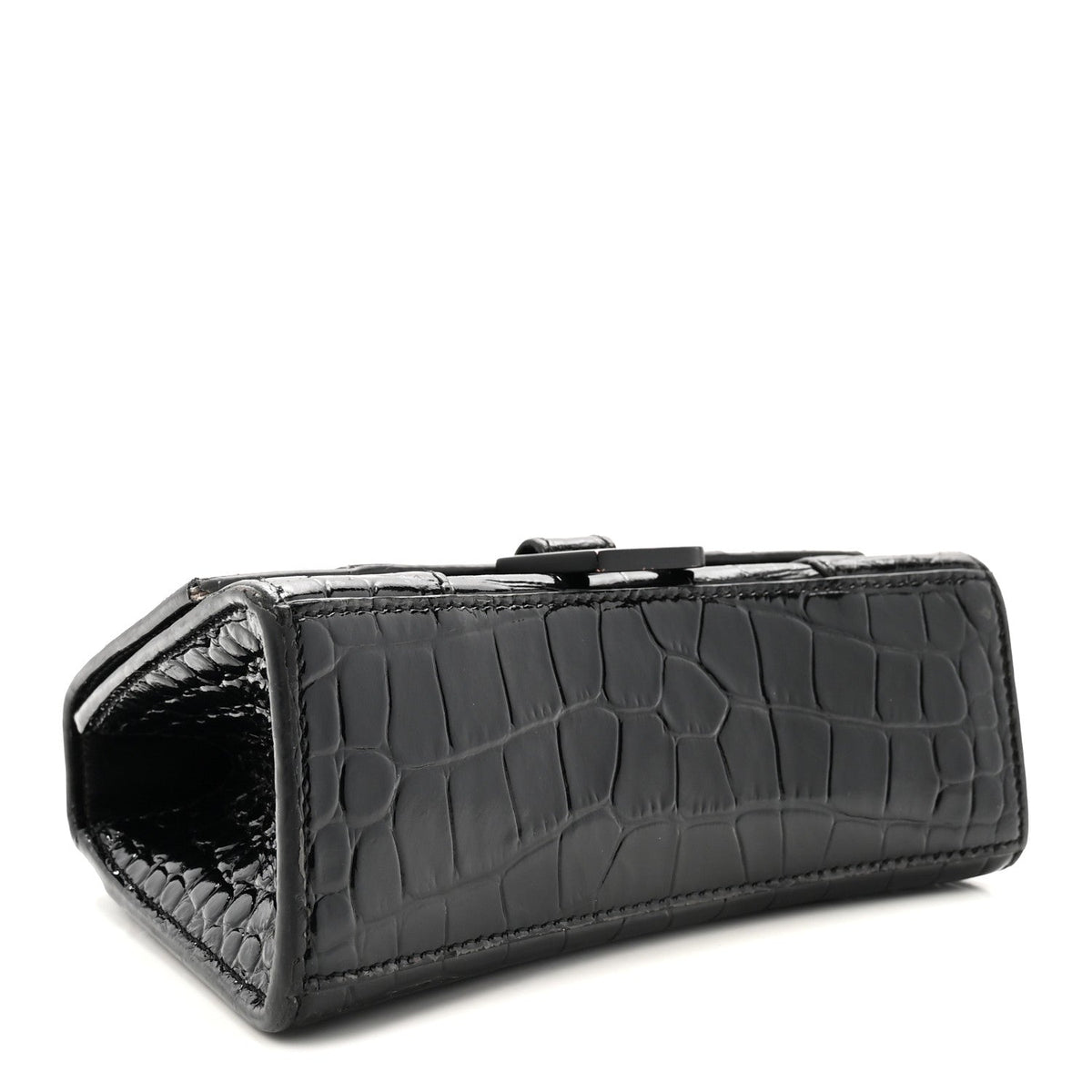 Shiny Calfskin Monochrome Crocodile Embossed Hourglass Top Handle Bag XS Black